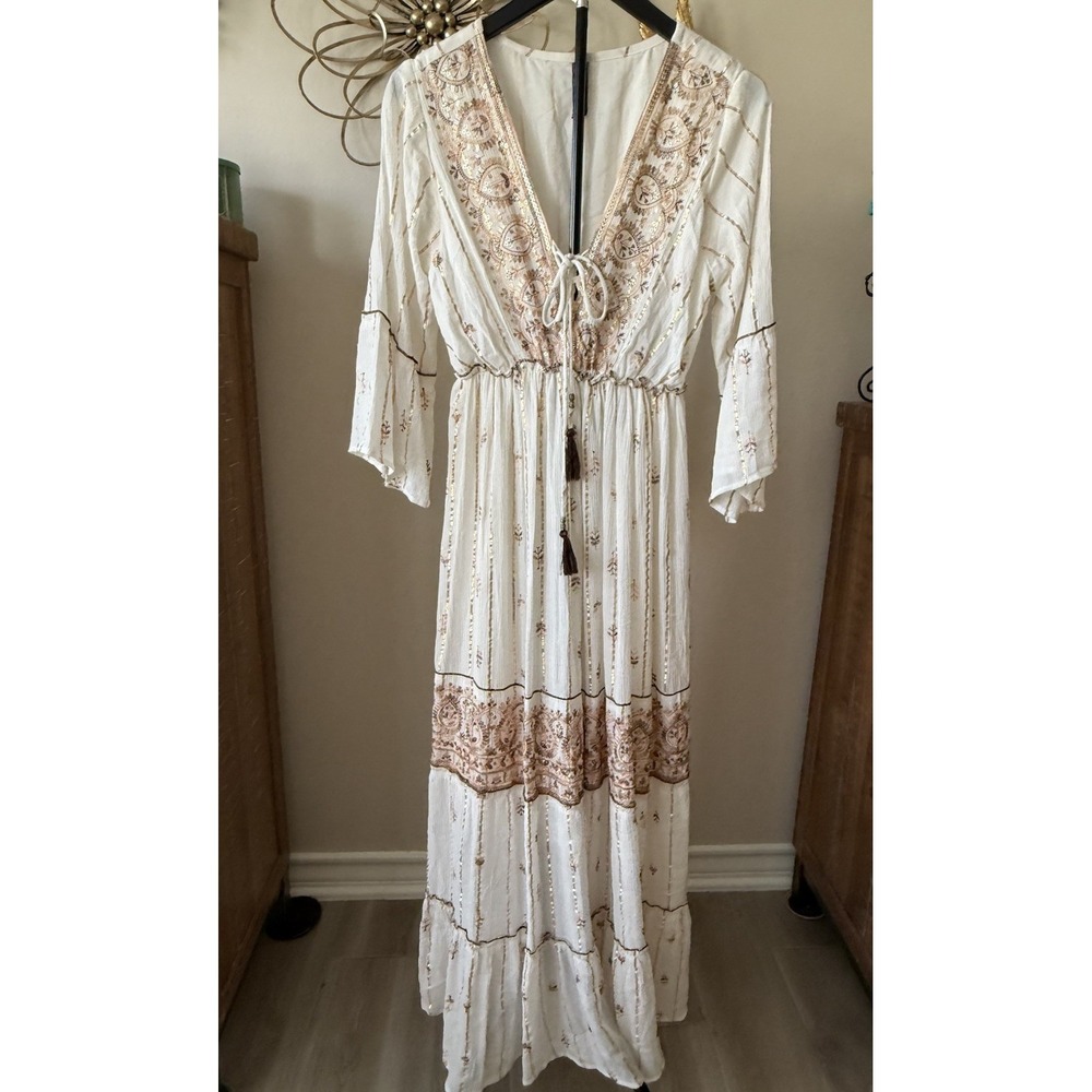 Magic Boho Embroidered Maxi Dress Womens S Cream Gold Tassel Tie Tiered Prairie